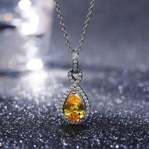 🎀 Water Drop CZ Dazzling Noble Yellow Gemstone Hollow Necklace, EVGG1110